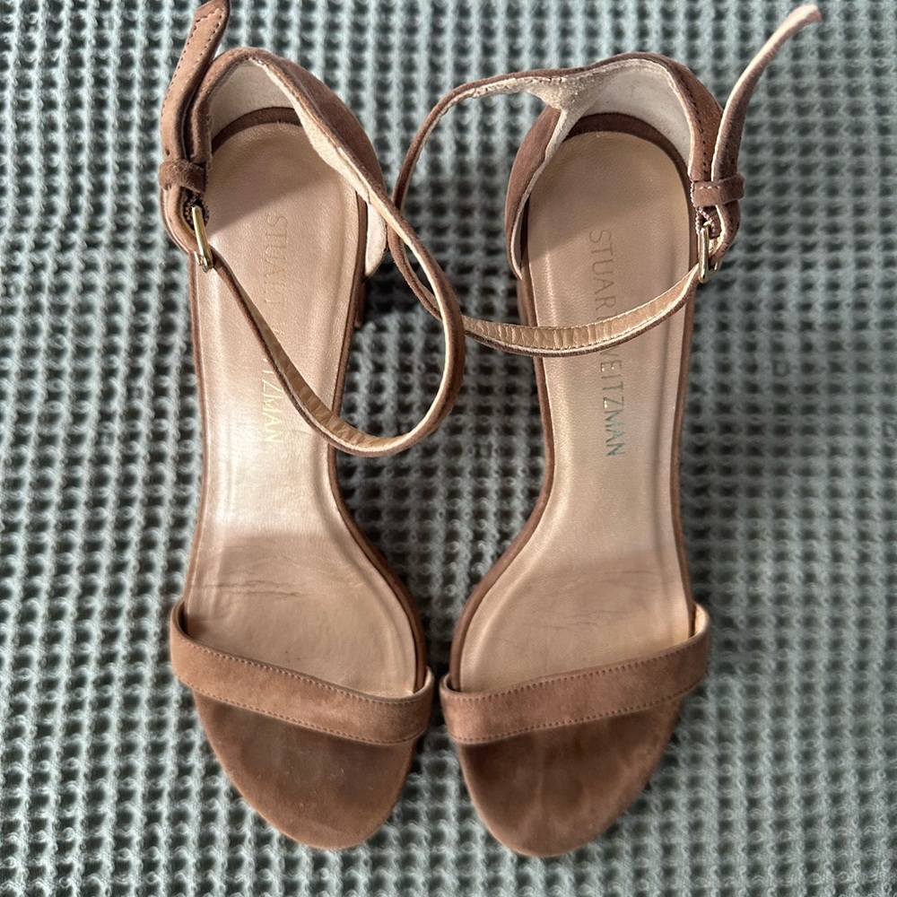 Stuart Weitzman Brown/Tan Suede Open-Toe Ankle-Strap Heels